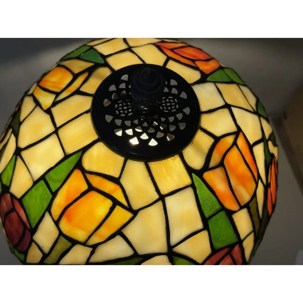 Vintage Tiffany Style Stained Glass Tulip Table Lamp Antique Bronze Base‎ 22